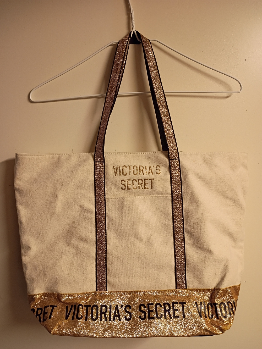 Victoria's Secret Cream Canvas Tote with Gold Glitter Base and Straps